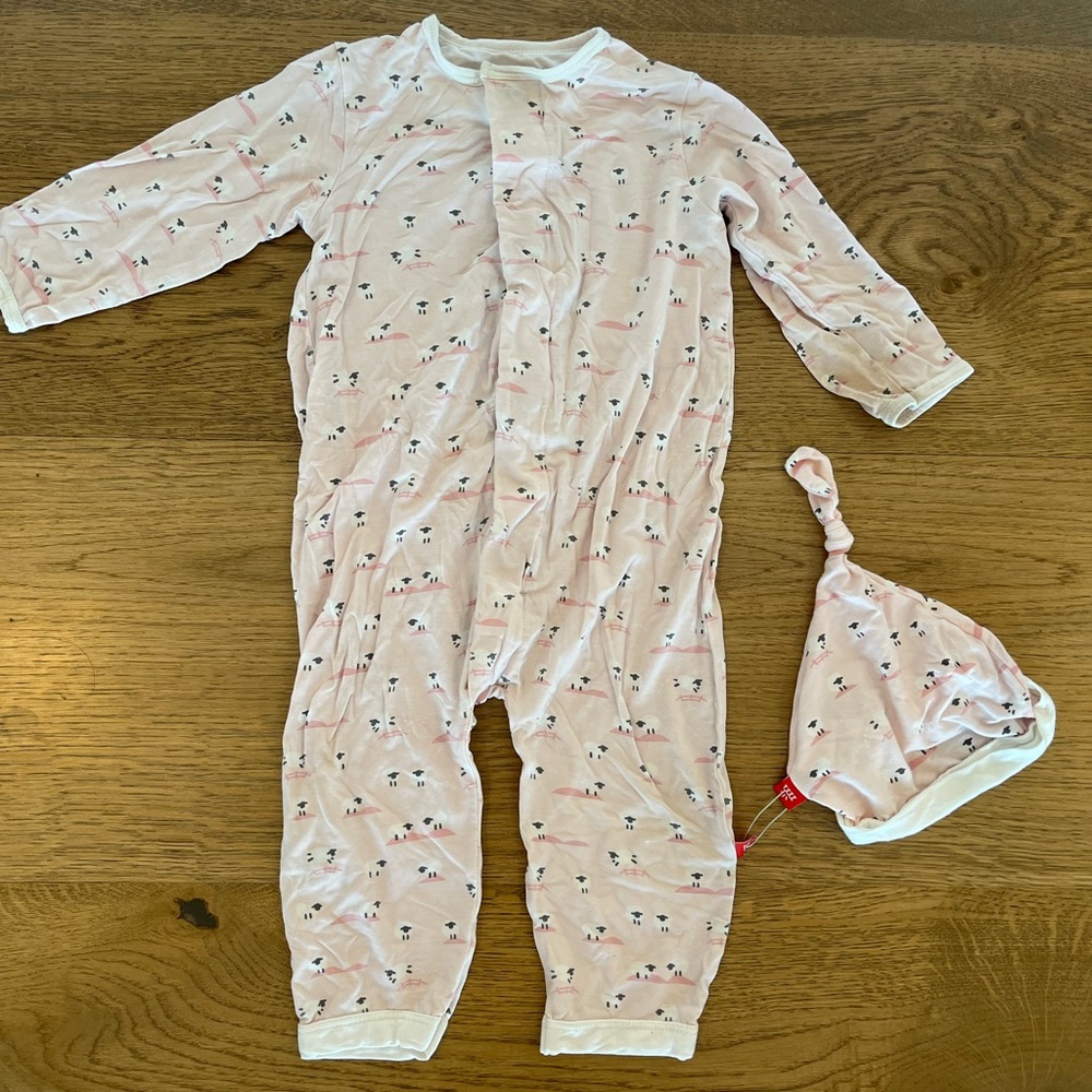 Magnetic Me 6-9 month pj’s girls with hat. Pink cows